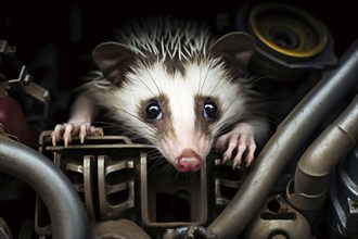 Opossum inside car engine. AI generated