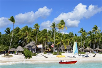 A sunny tropical beach with palm trees, boats and huts under a blue sky, catamaran, Dominicus