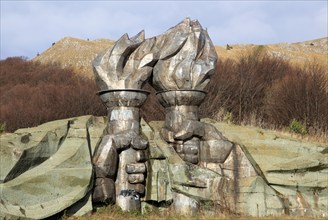 Burning torch sculpture Buzludzha monument former communist party headquarters, Bulgaria, eastern