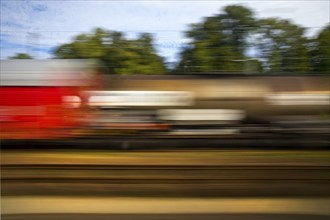 Long exposure from a moving train, Hagen, North Rhine-Westphalia, Germany, Europe