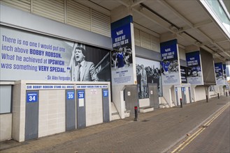 Banners celebrating Ipswich Town football club history, Sir Bobby Robson stand, Portman Road,