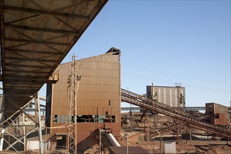 Heavy industry conveyor belts of opencast mineral extraction in the Minas de Riotinto mining area,