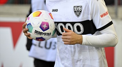 Close-up, special jersey 1000th Bundesliga match VfB Stuttgart, Adidas Derbystar match ball,