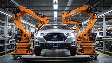 AI generated automotive assembly line in car manufacturing progression with automated machines