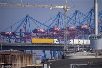 Ramp of the Köhlbrand Bridge in the Port of Hamburg, behind the Container Terminal Tollerort, spans