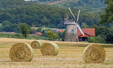 Historic windmill with straw bales Eisbergen Porta Westfalica Germany