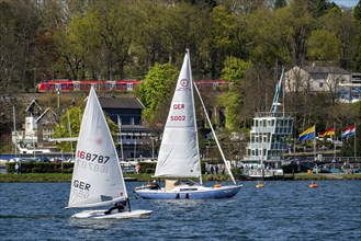 Lake Baldeney, reservoir of the Ruhr, regatta tower, regatta grandstand, S-Bahn line S6, Essen,