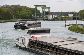 Cargo ships on the Wesel-Datteln Canal, in front of the Hünxe lock, North Rhine-Westphalia,