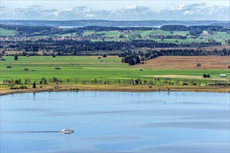 View of the Lake Kochel with passenger ship Herzogstand, calm water, Loisach-Lake Kochel-Moor,