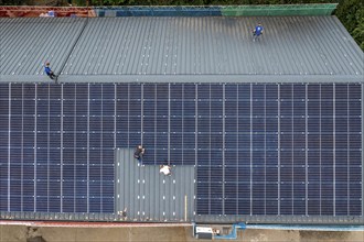 Installation of solar modules on the roof of a barn on a farm, over 210 photovoltaic modules are