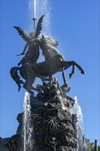 Fountain figure, winged goddess Fama riding a horse, Fama fountain, Famabrunnen, fountain,