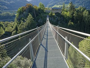 Suspension bridge at Matrei-Trautson Castle, Matrei am Brenner, Wipptal, Tyrol, Austria, Europe