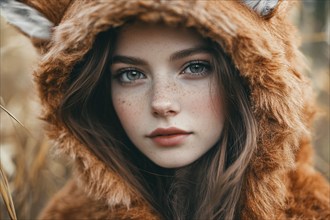 Close up of young woman wearing a fox sweater with ears in autumn forest. Generative Ai, AI