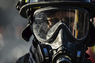 Face of male firefighter with helmet. Generative Ai, AI generated