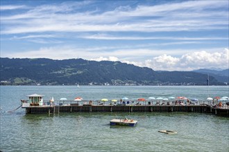 View over the marina of Lindau across Lake Constance to Bregenz and the 1062 m high mountain