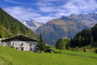 Farmhouse at the back of the Tux Alps, Vals Valley, Vals Valley Natura 2000 nature reserve,