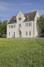 White building with stepped gable and yellow flower meadow, rape field, Burgstraße, Mittelzell,