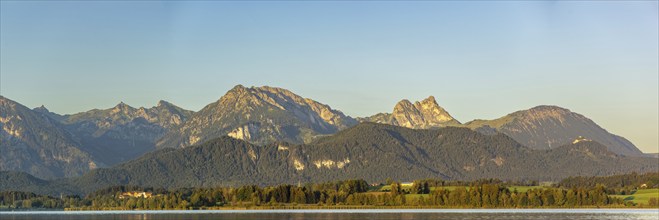 Panorama over the Hopfensee, Ostallgäu, behind it the Tannheimer mountains with the Aggenstein,