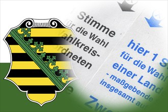 Symbolic image of state election in Saxony: Flag of Saxony and close-up of a ballot paper. The next