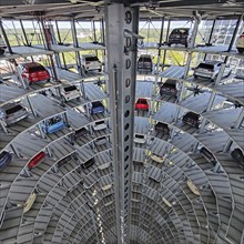 New cars for delivery in the Autoturm, interior view from top to bottom, Autostadt, Volkswagen AG,