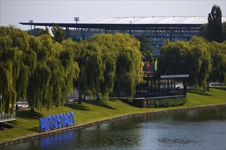 Autostadt lettering on the Mittelland Canal in the immediate vicinity of the Volkswagen Arena of