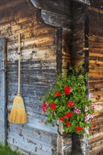 Lovingly decorated mountain hut, wooden hut, alpine hut, picturesque, flowers, broom, tourism,