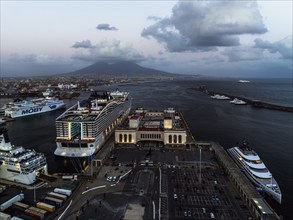 Naples Ferry Terminal at night from a drone, Molo Immacolatella Vecchia, Naples, Campania, Italy,