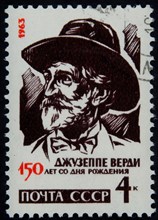 Giuseppe Verdi, 1813, 1901, Italian composer. Portrait on Russian postage stamp