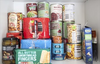 Tinned food piled up in domestic household kitchen cupboard including products from Tesco