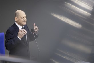 Olaf Scholz (SPD), Federal Chancellor, recorded during a questioning of the Federal Government in