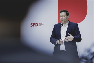 Lars Klingbeil, SPD party chairman, speaks to the press at the kick-off meeting of the SPD party