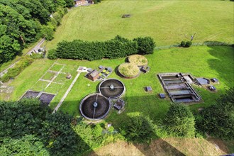 Sewage treatment plant in a meadow, view from the Llangollen Canal, Trevor, Wrexham, Wales, Great