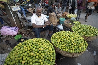 Vendor selling lemons at a market, ahead of the presentation of the Interim Budget 2024 by Union