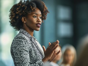 Confident successful black business manager woman executive explains business and success strategy,