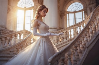 Happy young elegant bride in luxury dress and luxury setting waiting for wedding ceremony to begin,