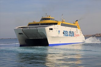 Fred Olsen Express ferry ship arriving at quayside, Corralejo, Fuerteventura, Canary Islands,