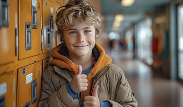 Cute caucasian school boy giving a thumbs up in the hallway of his school. generative AI, AI