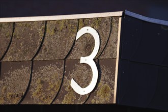 Number, three, number, slate, weathered, facade, house number, metal, The house number three is