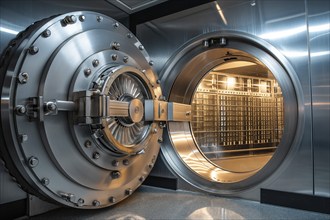 Open bank vault door, revealing a room filled with safety deposit boxes in safe depositary. The