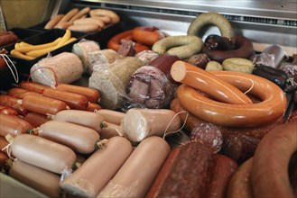 Sausage counter in a butcher's shop