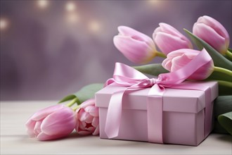 Gift Box with Pink Ribbon Beside bouquet of Fresh Tulips on Bokeh Background. Good for Valentine