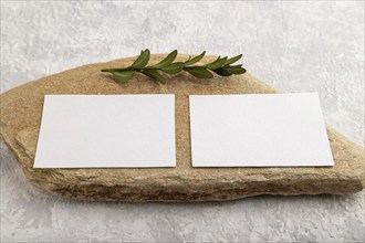 White paper business card, mockup with natural stone and boxwood branch on gray concrete background