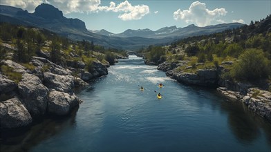 Aerial view of kayakers paddling along a beautiful mountain river. generative AI, AI generated