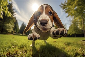 A close-up shot of a playful Basset Hound puppy with floppy ears, running, jumping, and exploring