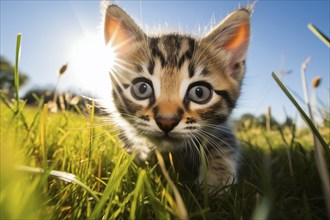 Playful Cute Kitten outdoors in Sunlit Grass. Kitten excitement and wonder as it explores the