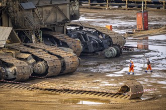 Garzweiler opencast lignite mine, bucket wheel excavator undergoing maintenance and repair, near