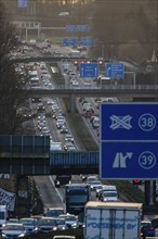 Motorway A40, Ruhrschnellweg, near Bochum, dense evening traffic, in front of the motorway junction