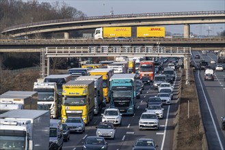 Traffic jam on the A3 motorway, at the Köln-Ost junction, heading south, four lanes jammed with