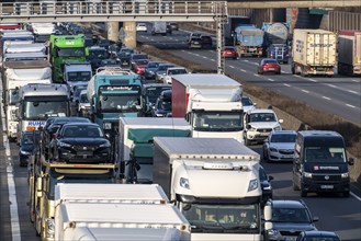 Traffic jam on the A3 motorway, at the Köln-Ost junction, heading south, four lanes jammed with