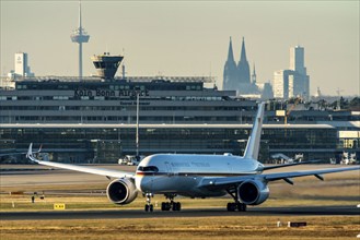 Airbus A350-900, of the BMvG, Air Force, on take-off at Cologne-Bonn Airport, Runway 14L/32R, CGN,